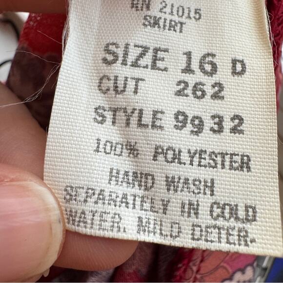 Vintage 70s Red Floral Pleated Knee Length Skirt Womens 16 Sheer Boho Peasant - Picture 9 of 10